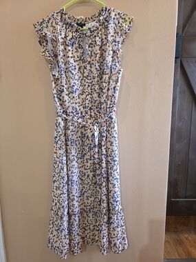 Ann Taylor Factory White Midi Dress with Blue and Pink Floral Print SizeL